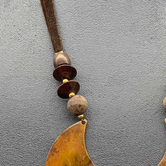 Copper Crescent BoHo Necklace Statement Silver Gold Wood Brown Suede - Picture 3 of 7